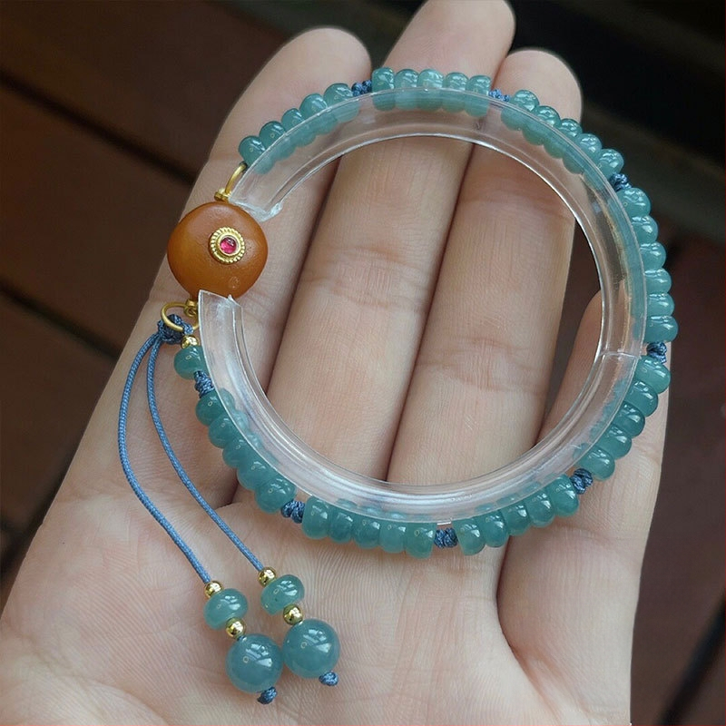 Jádeit abaku-gyöngyökből álló karkötő, jéghatású fény, 925-ös ezüst, kínai stílusban