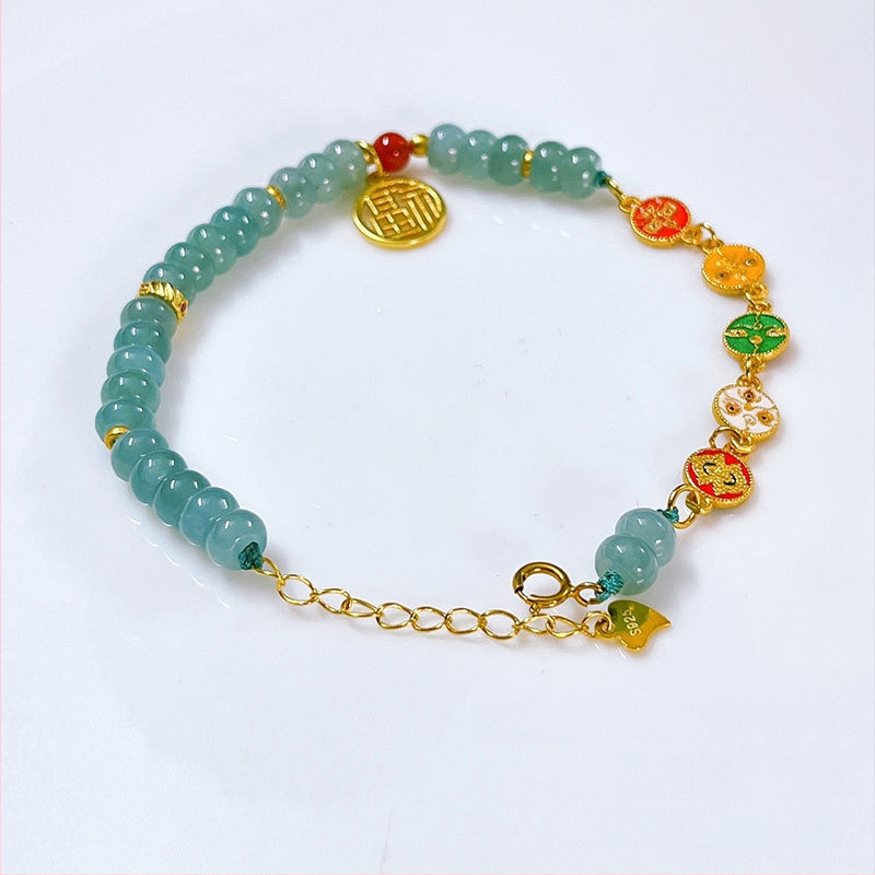 Jádeit abaku-gyöngyökből álló karkötő, jéghatású fény, 925-ös ezüst, kínai stílusban