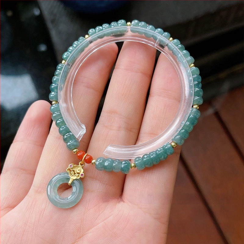 Jádeit abaku-gyöngyökből álló karkötő, jéghatású fény, 925-ös ezüst, kínai stílusban