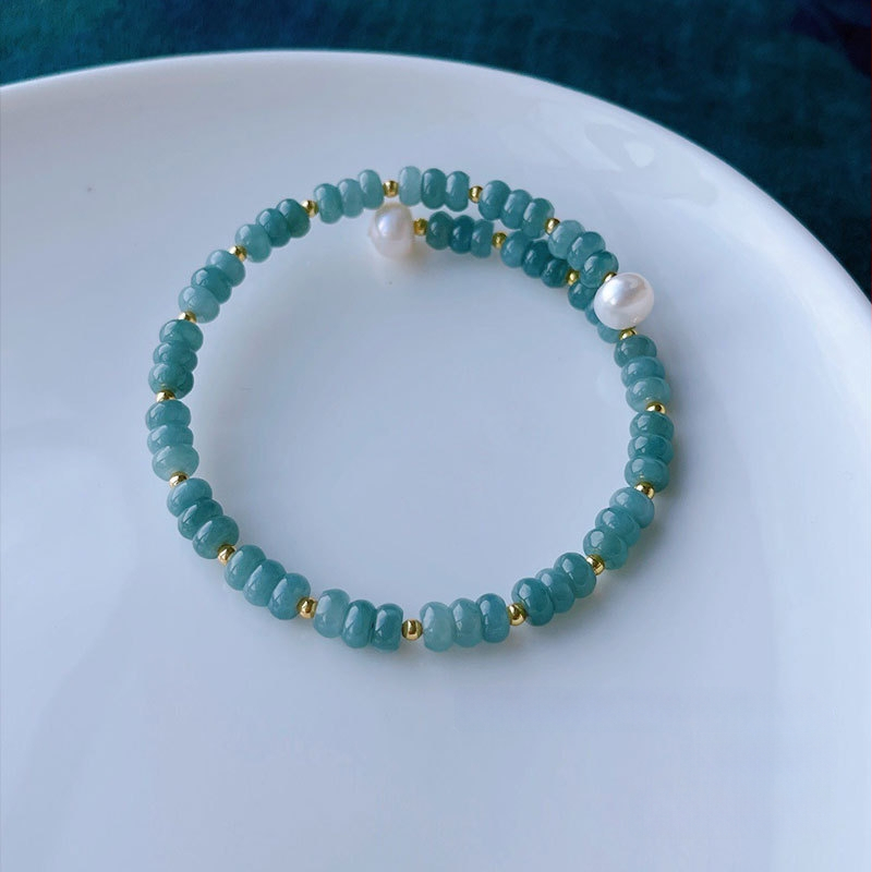 Jádeit abaku-gyöngyökből álló karkötő, jéghatású fény, 925-ös ezüst, kínai stílusban