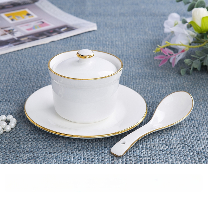 Porcelāna ūdens vannas trauks ar vāku un karoti — apaļš, mikroviļņu drošs, ar logotipu