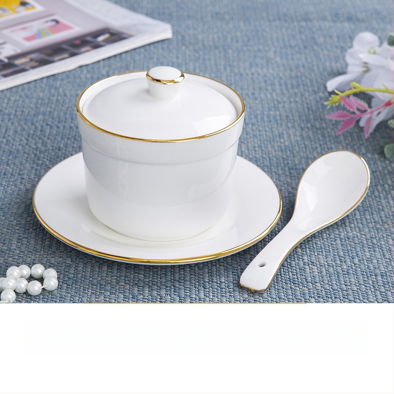 Porcelāna ūdens vannas trauks ar vāku un karoti — apaļš, mikroviļņu drošs, ar logotipu