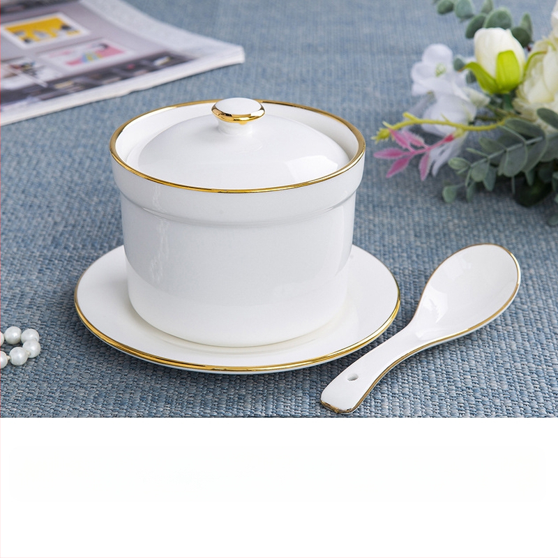 Porcelāna ūdens vannas trauks ar vāku un karoti — apaļš, mikroviļņu drošs, ar logotipu