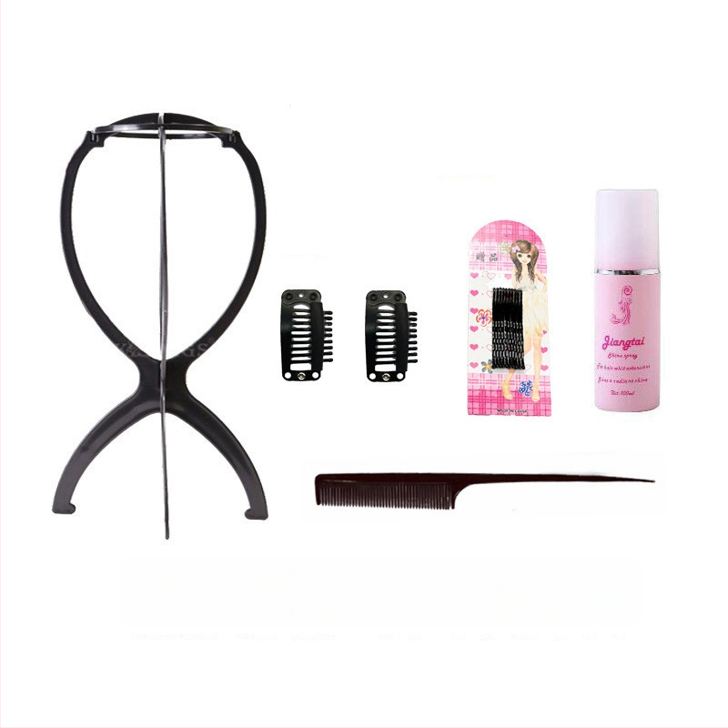 Parukų priežiūros rinkinys su priežiūros tirpalu, laikikliu, uodegos šuką, BB klipu ir plaukų tinklu