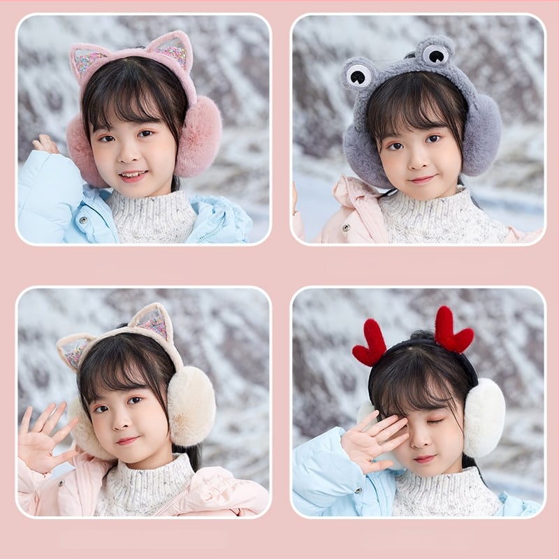 Bērnu ausu aizsargi ar kaķēna ausīm, ar flīsa odere, salokāmi, mākslīgā zaķa kažoks, vecums 3–12 gadi
