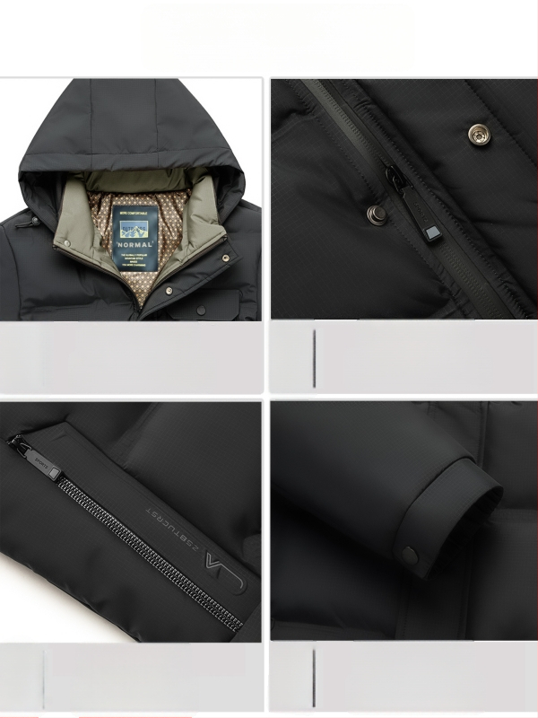 Jachetă de iarnă pentru bărbați, cu glugă și umplutură din poliester, lungime medie, închidere cu fermoar, căptușeală detașabilă, multe buzunare cu fermoar, guler înalt