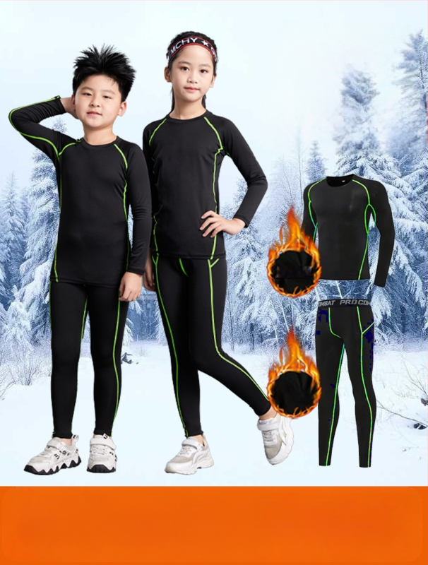 Unisex bērnu sporta komplekts ar stingru piegriezumu, garas piedurknes, gurnu garums, 92% poliesters ar 8% spandeksa oderi, velūra iekšpuse; piemērots ziemai, pavasarim un rudenim; basketbols, futbols, skrējiens.