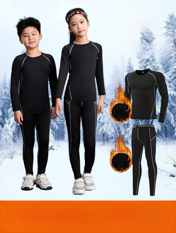 Unisex bērnu sporta komplekts ar stingru piegriezumu, garas piedurknes, gurnu garums, 92% poliesters ar 8% spandeksa oderi, velūra iekšpuse; piemērots ziemai, pavasarim un rudenim; basketbols, futbols, skrējiens.