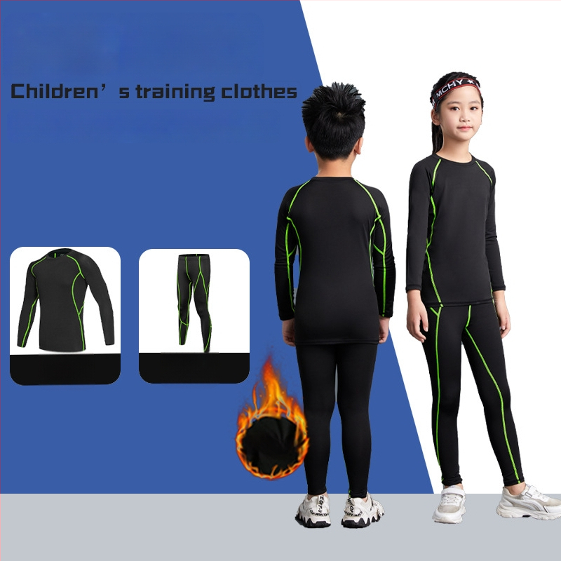 Unisex bērnu sporta komplekts ar stingru piegriezumu, garas piedurknes, gurnu garums, 92% poliesters ar 8% spandeksa oderi, velūra iekšpuse; piemērots ziemai, pavasarim un rudenim; basketbols, futbols, skrējiens.