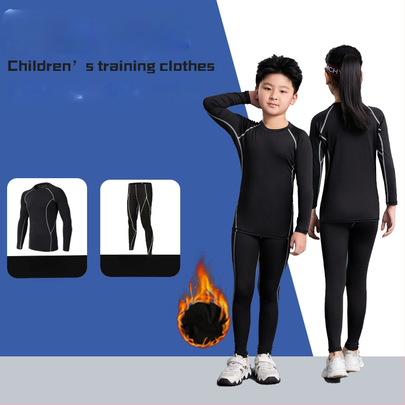 Unisex bērnu sporta komplekts ar stingru piegriezumu, garas piedurknes, gurnu garums, 92% poliesters ar 8% spandeksa oderi, velūra iekšpuse; piemērots ziemai, pavasarim un rudenim; basketbols, futbols, skrējiens.