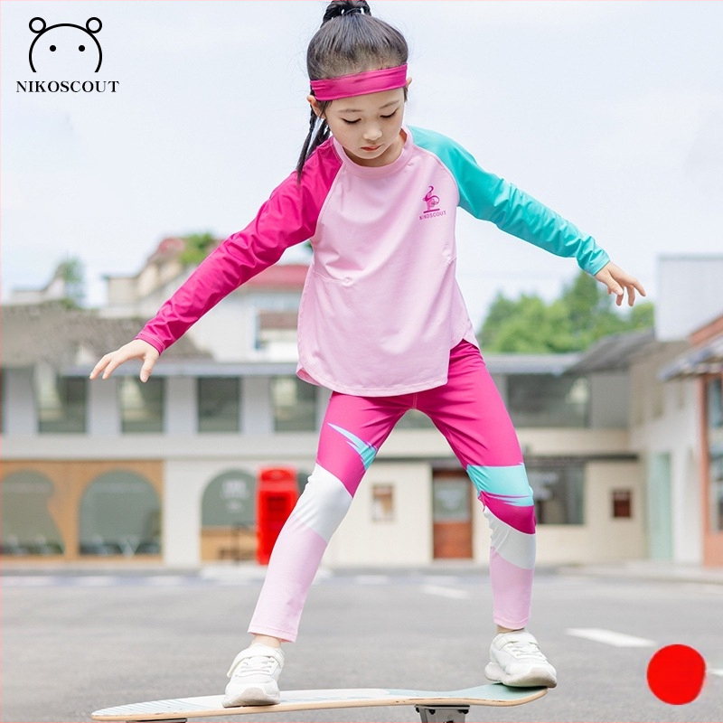 Mergaitėms skirtas rudens-žiemos dviejų dalių sportinis komplektas, UV apsauga, ilgos rankovės, iš regeneruotos celiuliozės pluošto