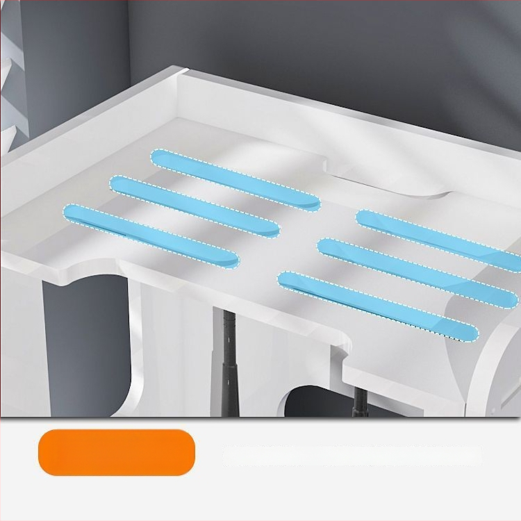 Sešstāvu sienas plaukts maršrutētājam un kabeliem ar caurumiem, no mākslīgās plāksnes