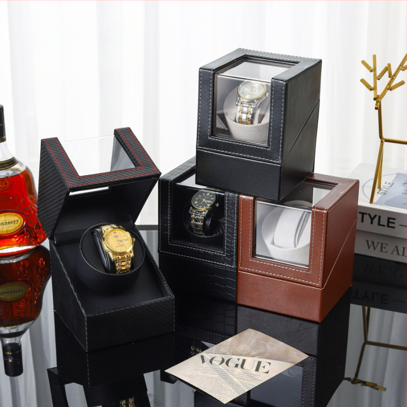 Pulksteņu kārba ar automātisku uzgriešanu — PU āda + MDF, roku šuvums, dubultā iepakošana