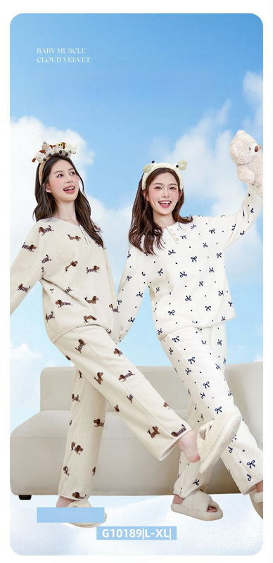 Ženski set za kućnu upotrebu u korejskom stilu za jesen/zimu, oblacni velur, debeli fleece, sladak crtani print, okrugli ovratnik, dugi rukav, hlače, pogodno za dom i vani