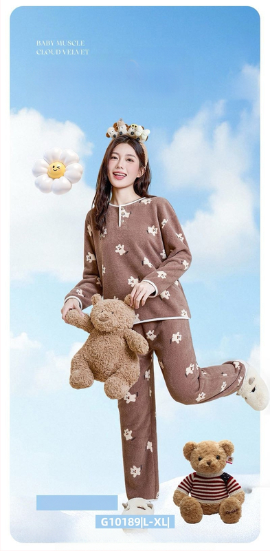 Ženski set za kućnu upotrebu u korejskom stilu za jesen/zimu, oblacni velur, debeli fleece, sladak crtani print, okrugli ovratnik, dugi rukav, hlače, pogodno za dom i vani