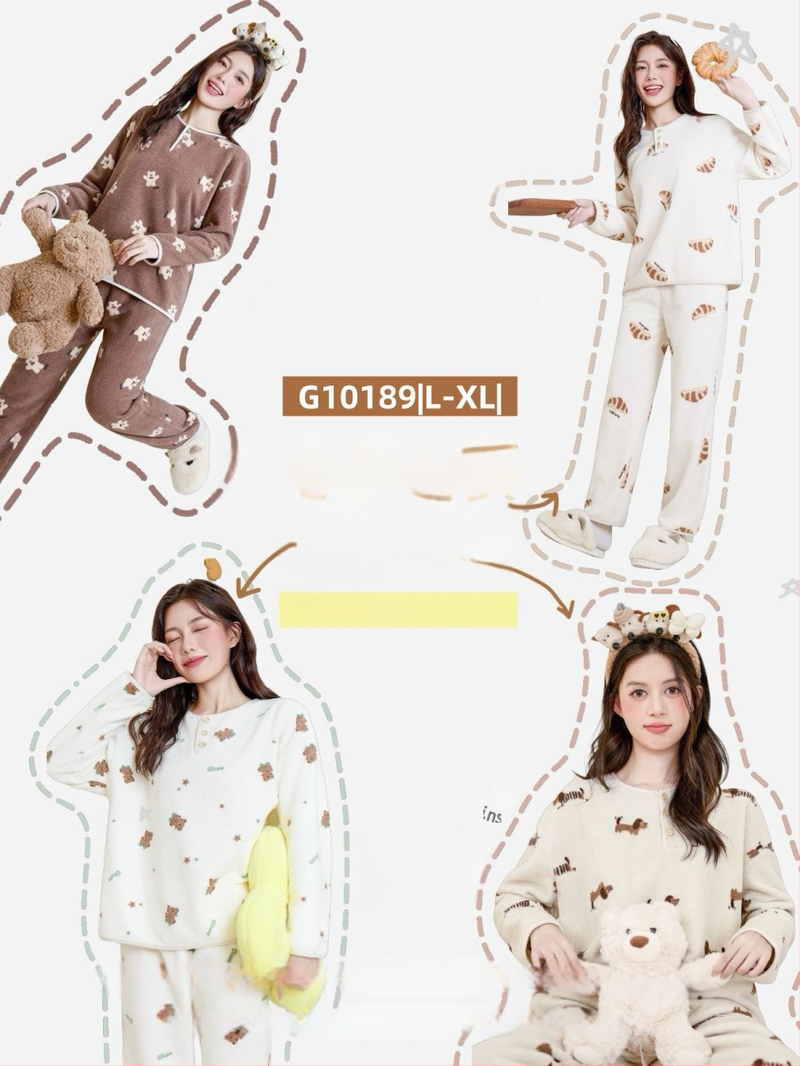 Ženski set za kućnu upotrebu u korejskom stilu za jesen/zimu, oblacni velur, debeli fleece, sladak crtani print, okrugli ovratnik, dugi rukav, hlače, pogodno za dom i vani