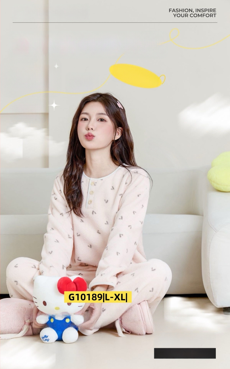 Ženski set za kućnu upotrebu u korejskom stilu za jesen/zimu, oblacni velur, debeli fleece, sladak crtani print, okrugli ovratnik, dugi rukav, hlače, pogodno za dom i vani