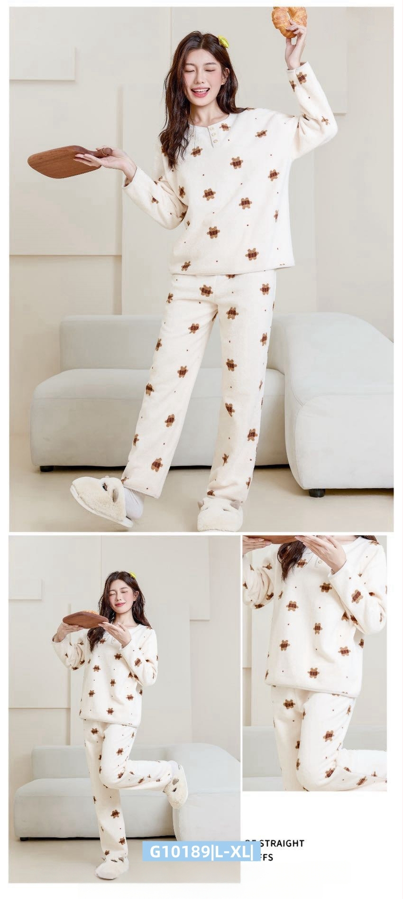 Ženski set za kućnu upotrebu u korejskom stilu za jesen/zimu, oblacni velur, debeli fleece, sladak crtani print, okrugli ovratnik, dugi rukav, hlače, pogodno za dom i vani