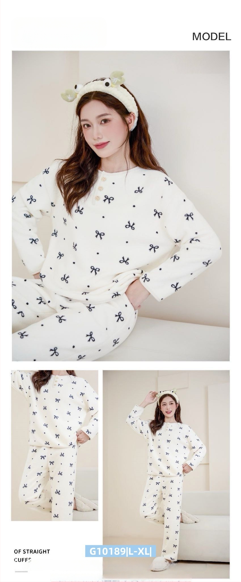 Ženski set za kućnu upotrebu u korejskom stilu za jesen/zimu, oblacni velur, debeli fleece, sladak crtani print, okrugli ovratnik, dugi rukav, hlače, pogodno za dom i vani