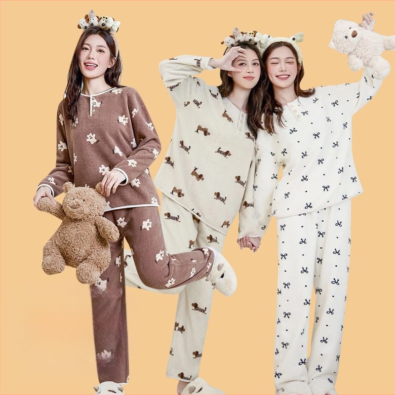 Ženski set za kućnu upotrebu u korejskom stilu za jesen/zimu, oblacni velur, debeli fleece, sladak crtani print, okrugli ovratnik, dugi rukav, hlače, pogodno za dom i vani