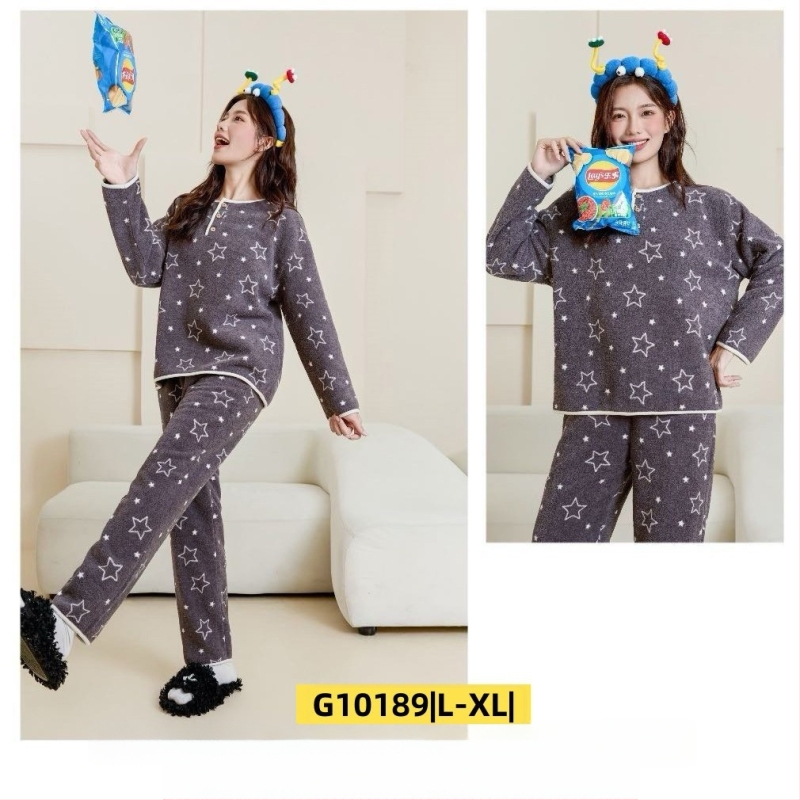 Ženski set za kućnu upotrebu u korejskom stilu za jesen/zimu, oblacni velur, debeli fleece, sladak crtani print, okrugli ovratnik, dugi rukav, hlače, pogodno za dom i vani