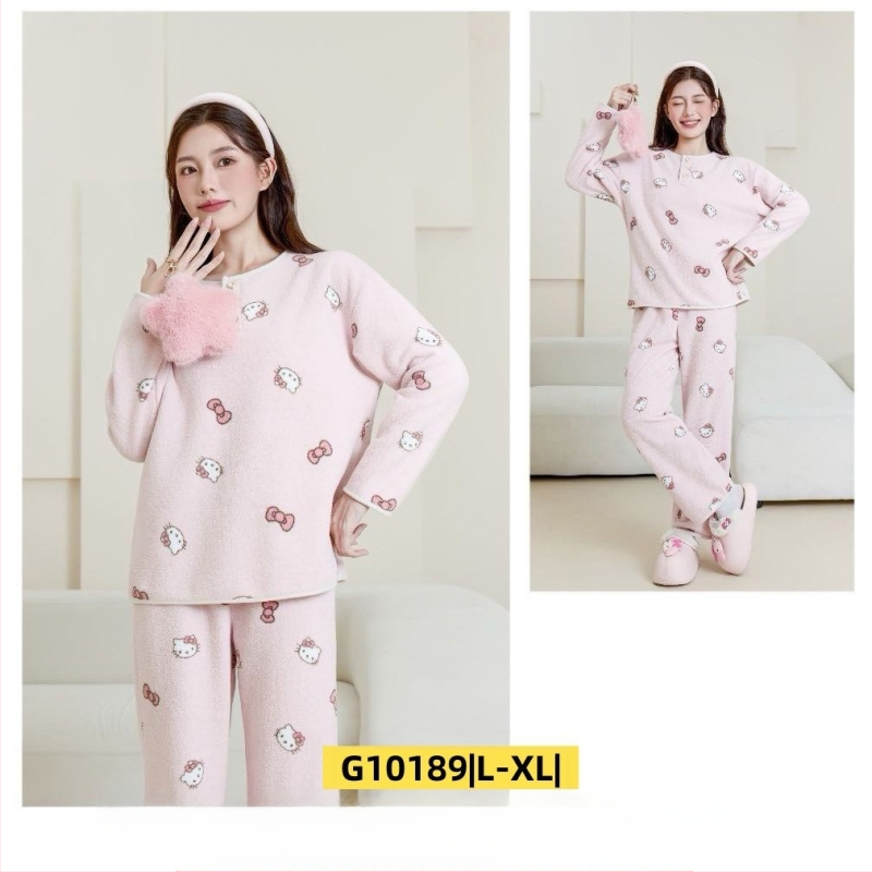 Ženski set za kućnu upotrebu u korejskom stilu za jesen/zimu, oblacni velur, debeli fleece, sladak crtani print, okrugli ovratnik, dugi rukav, hlače, pogodno za dom i vani