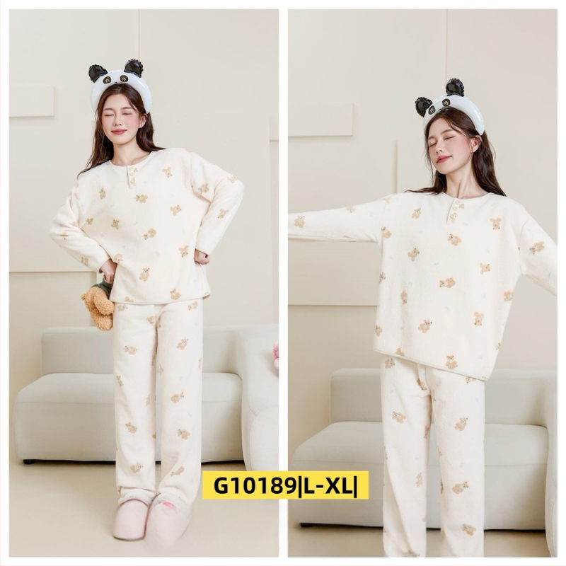 Ženski set za kućnu upotrebu u korejskom stilu za jesen/zimu, oblacni velur, debeli fleece, sladak crtani print, okrugli ovratnik, dugi rukav, hlače, pogodno za dom i vani