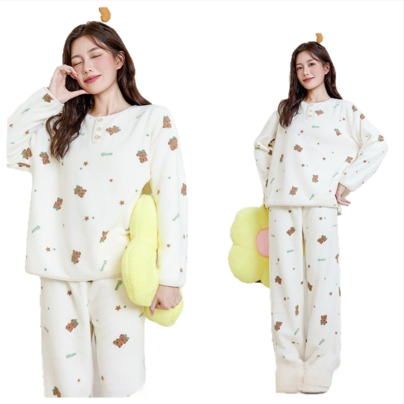 Ženski set za kućnu upotrebu u korejskom stilu za jesen/zimu, oblacni velur, debeli fleece, sladak crtani print, okrugli ovratnik, dugi rukav, hlače, pogodno za dom i vani