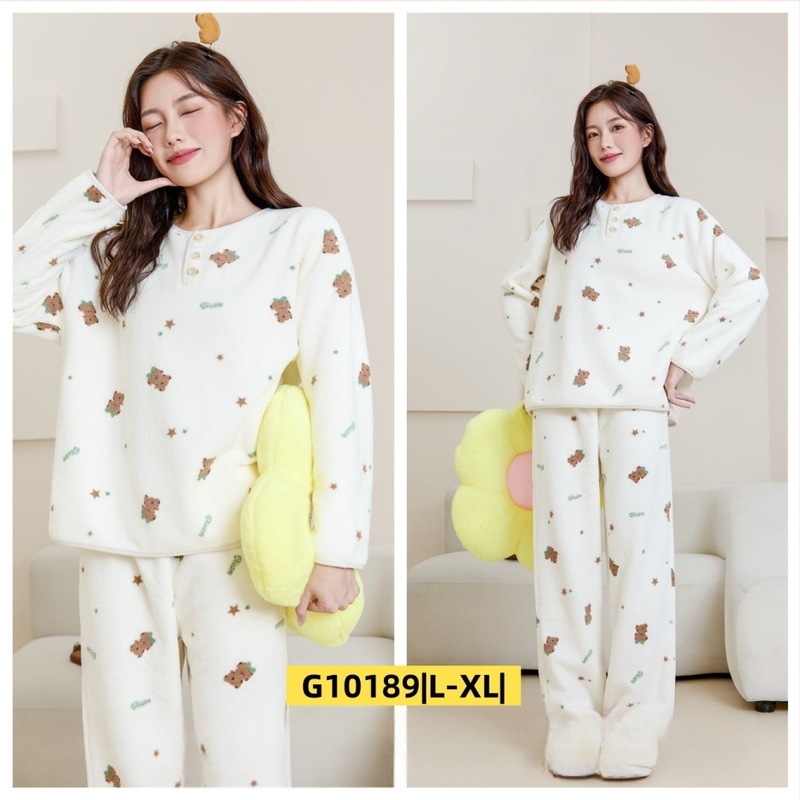 Ženski set za kućnu upotrebu u korejskom stilu za jesen/zimu, oblacni velur, debeli fleece, sladak crtani print, okrugli ovratnik, dugi rukav, hlače, pogodno za dom i vani