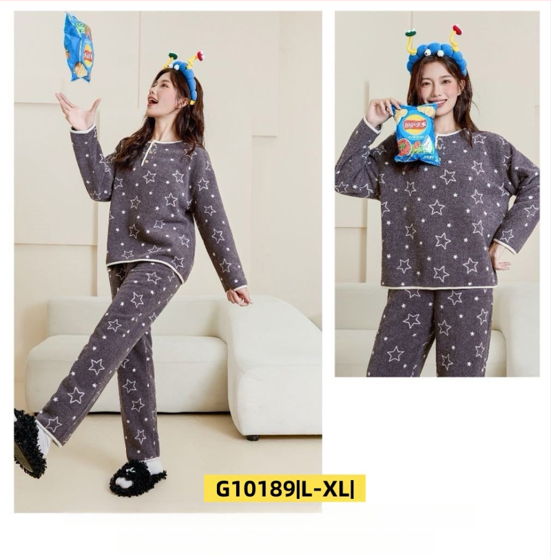 Ženski set za kućnu upotrebu u korejskom stilu za jesen/zimu, oblacni velur, debeli fleece, sladak crtani print, okrugli ovratnik, dugi rukav, hlače, pogodno za dom i vani