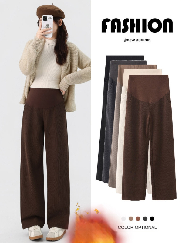 Παντελόνια εγκυμοσύνης για φθινόπωρο-χειμώνα, φλις εσωτερικό, φαρδιά, άνετη γραμμή με στήριξη κοιλιάς, στυλ 2025