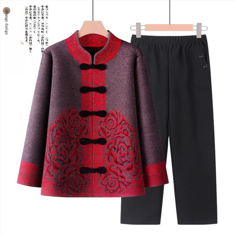 Suknja-kostim za starije žene, dugi rukavi, ovčja vunena tkanina s PVC kao glavnim materijalom, proljeće 2025.