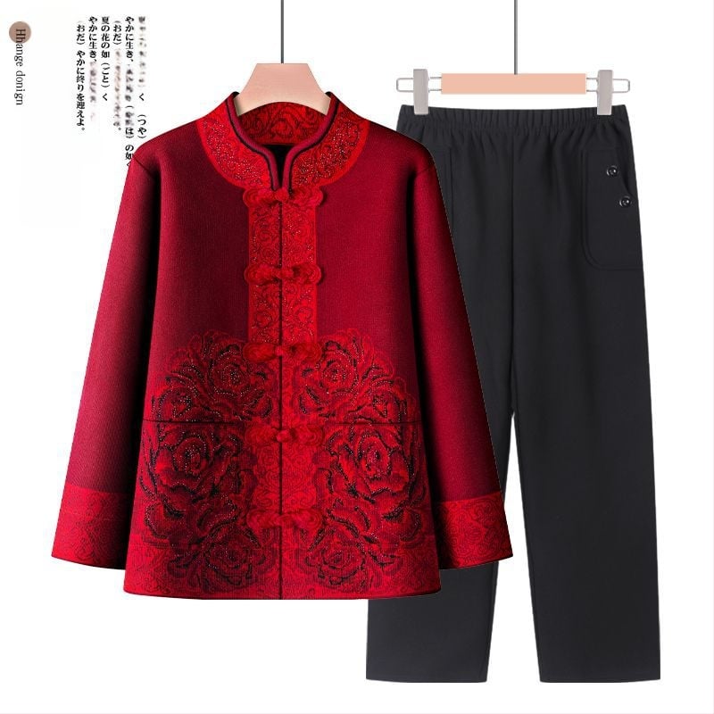 Suknja-kostim za starije žene, dugi rukavi, ovčja vunena tkanina s PVC kao glavnim materijalom, proljeće 2025.