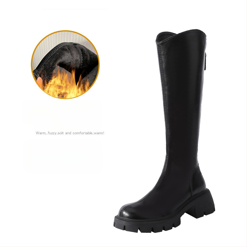 Čizme viteškog stila od prave kože; okrugli vrh; debeli pet; stražnji zatvarač; visok potkoljenica