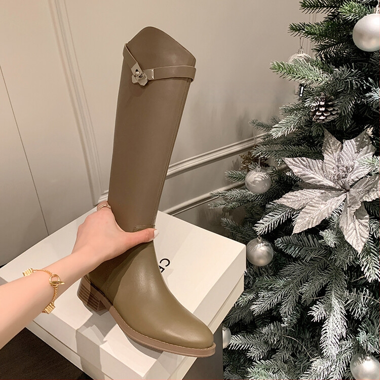 Moteriški riterio batai iš tikros odos, retro stilius, aukštas vamzdelis, masyvus kulnas 3–5 cm, šoninis užtrauktukas