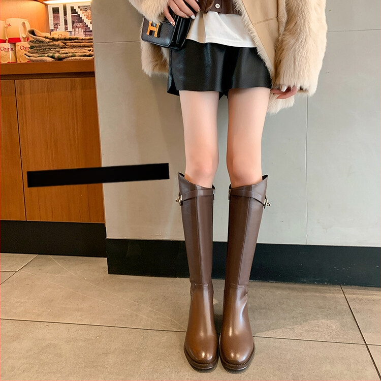 Moteriški riterio batai iš tikros odos, retro stilius, aukštas vamzdelis, masyvus kulnas 3–5 cm, šoninis užtrauktukas