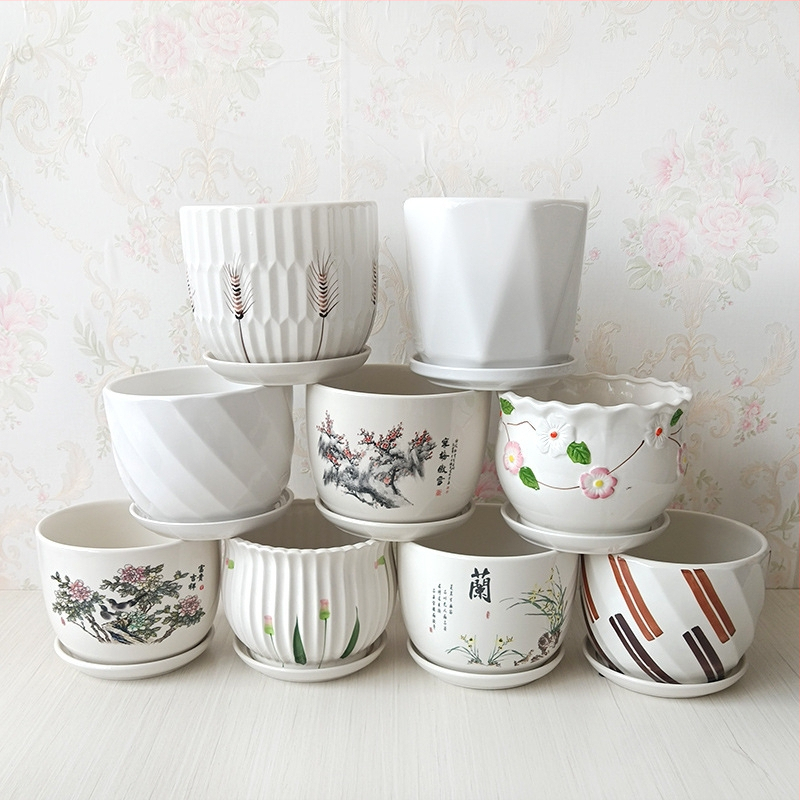 Ghiveci ceramic cu farfurie, decal glazurat (Roller Decal); potrivit pentru birou, casă, balcon; durabil, rezistent la coroziune, nu se deformează