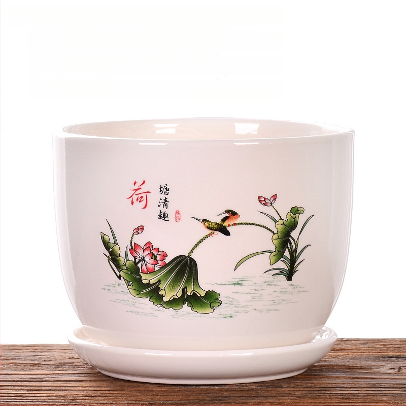 Ghiveci ceramic cu farfurie, decal glazurat (Roller Decal); potrivit pentru birou, casă, balcon; durabil, rezistent la coroziune, nu se deformează