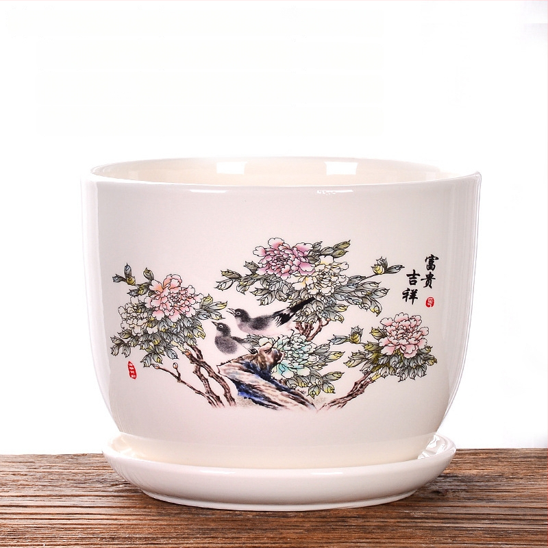 Ghiveci ceramic cu farfurie, decal glazurat (Roller Decal); potrivit pentru birou, casă, balcon; durabil, rezistent la coroziune, nu se deformează