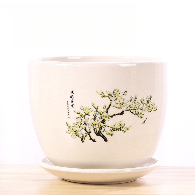 Ghiveci ceramic cu farfurie, decal glazurat (Roller Decal); potrivit pentru birou, casă, balcon; durabil, rezistent la coroziune, nu se deformează