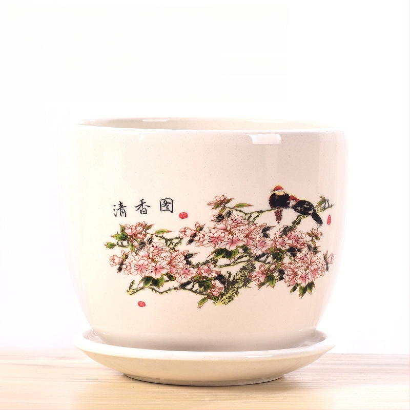 Ghiveci ceramic cu farfurie, decal glazurat (Roller Decal); potrivit pentru birou, casă, balcon; durabil, rezistent la coroziune, nu se deformează