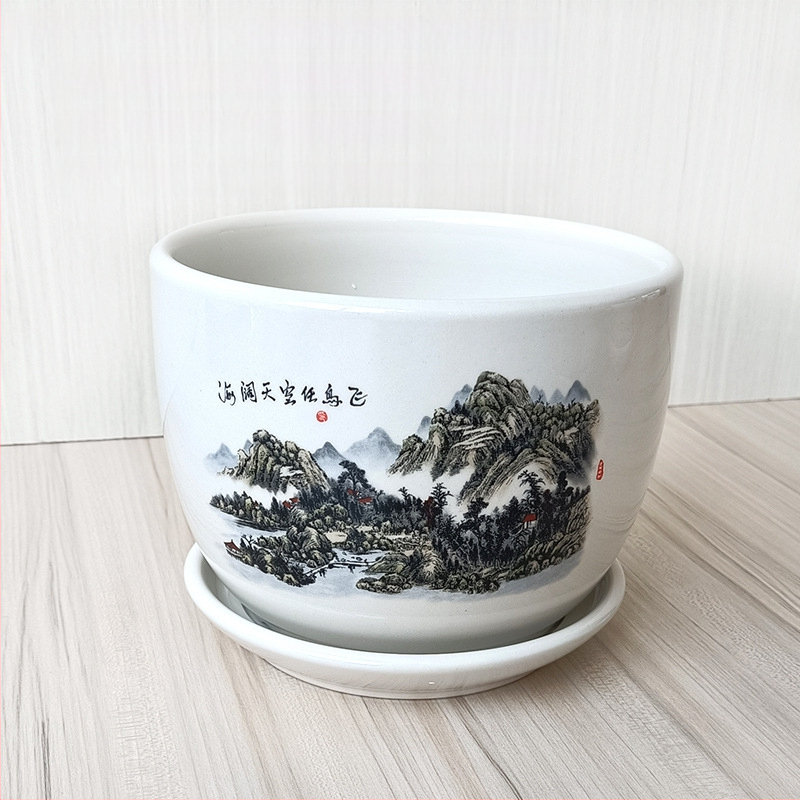 Ghiveci ceramic cu farfurie, decal glazurat (Roller Decal); potrivit pentru birou, casă, balcon; durabil, rezistent la coroziune, nu se deformează