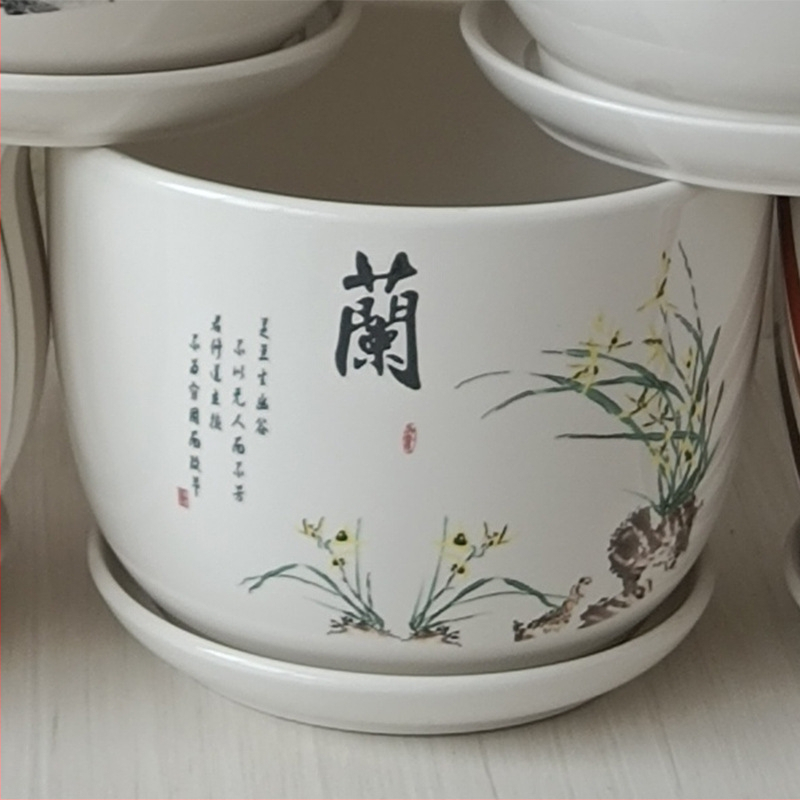 Ghiveci ceramic cu farfurie, decal glazurat (Roller Decal); potrivit pentru birou, casă, balcon; durabil, rezistent la coroziune, nu se deformează