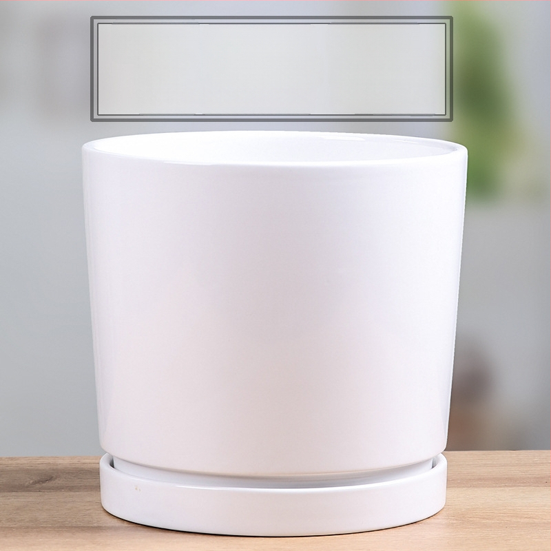 Ghiveci ceramic cu farfurie, decal glazurat (Roller Decal); potrivit pentru birou, casă, balcon; durabil, rezistent la coroziune, nu se deformează