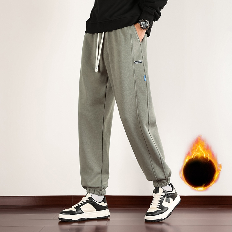Muške sportske hlače od pamukasto-mješavine s flis podstavom, ravni kroj, visok pojas, zimski model