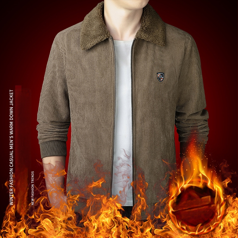 Corduroy jakk varukaga, tõmblukk ees, fleece vooder, paksenenud soojus, tavaline pikkus