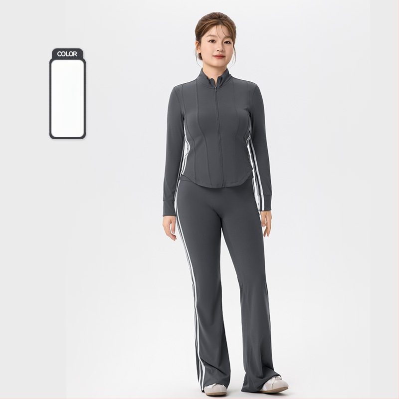 Плюс размер спортен комплект за дами - две части, топ с дълъг ръкав в стил кардиган и клеш панталони, 80% найлон + 20% спандекс, есенно-зимна 2025, подходящ за йога и пилатес
