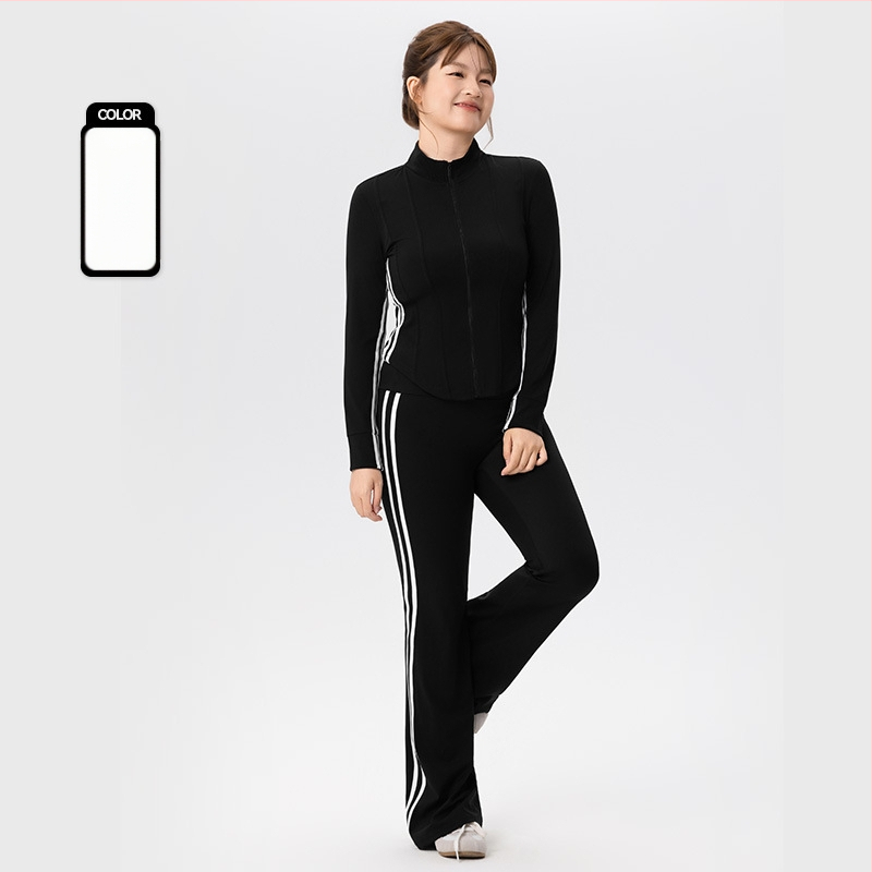 Плюс размер спортен комплект за дами - две части, топ с дълъг ръкав в стил кардиган и клеш панталони, 80% найлон + 20% спандекс, есенно-зимна 2025, подходящ за йога и пилатес