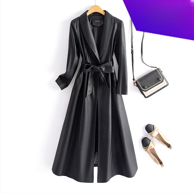 Sieviešu PU ādas garais mētelis ar jostas sašaurināšanu, ar vienu pogu