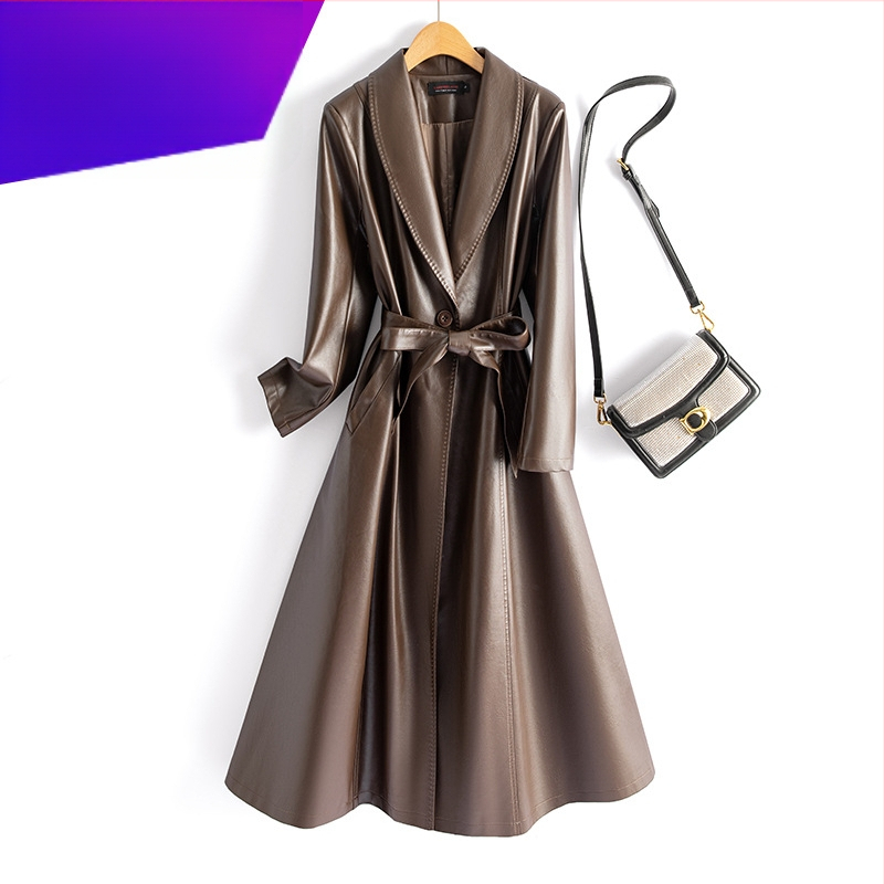 Sieviešu PU ādas garais mētelis ar jostas sašaurināšanu, ar vienu pogu